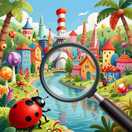 Bright, whimsical digital illustration of a colorful, fairy-tale village with a giant magnifying glass, red ladybug, and winding river.