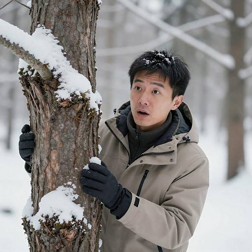 Surprised Man Peeking Behind Snowy Tree