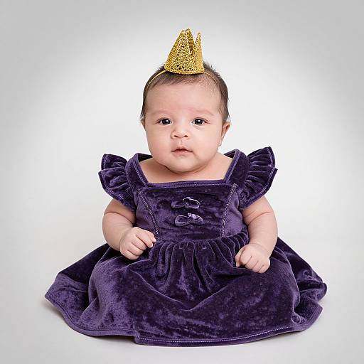 Photograph of a baby with fair skin, wearing a dark purple velvet dress and a gold glittery party hat, sitting against a white background.