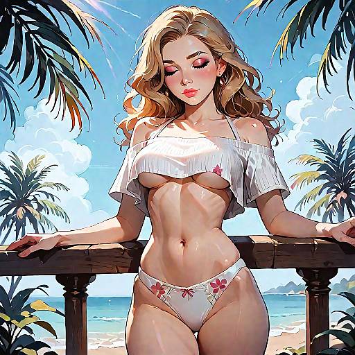 Blonde Woman in White Crop Top and Floral Bikini Bottoms on Tropical Terrace