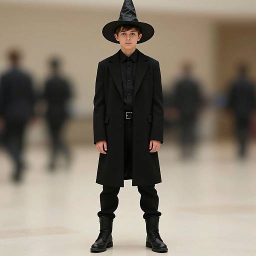 Photograph of a young boy in a black witch hat, long black coat, black shirt, pants, and boots, standing confidently on a blurred runway