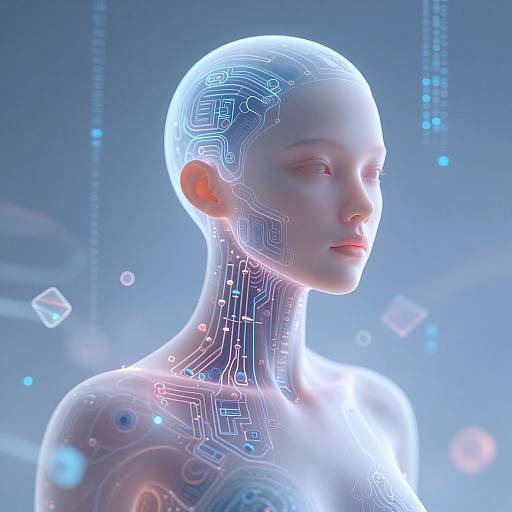 Digital CGI of a transparent, cybernetic woman with glowing blue circuitry on her head and neck, set against a futuristic blue background with floating cubes