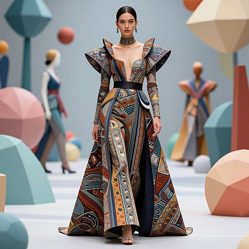 Photograph of a model in an elaborate, patterned, geometric gown with puffed shoulders, walking a colorful, geometric-patterned runway.