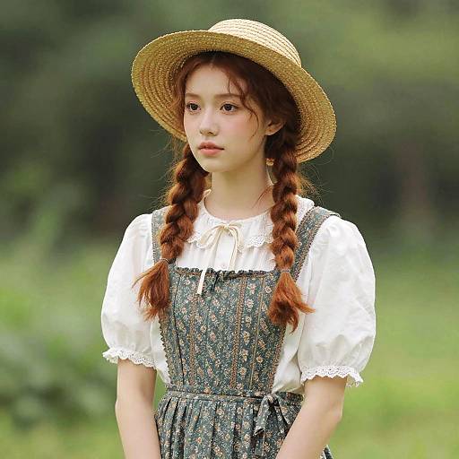 Photograph of a young Asian girl with red braids, wearing a straw hat, white lace-trimmed blouse, and floral pinafore,