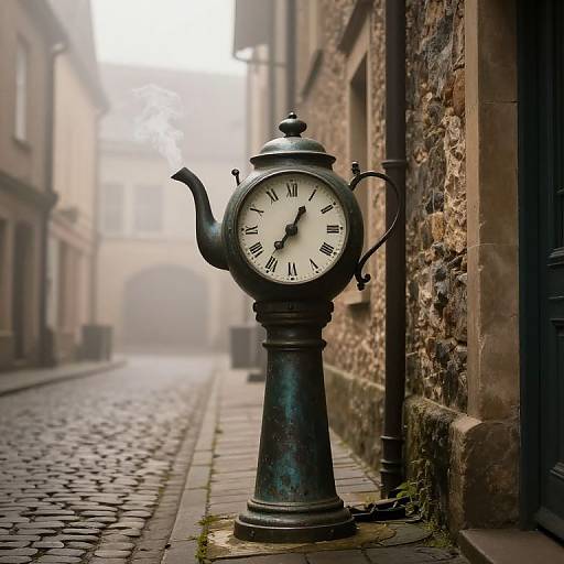 Photograph of a vintage, black metal clock with a teapot design, standing on a foggy, cobblestone street between stone buildings.