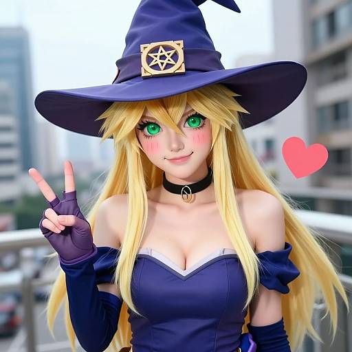 Digital anime-style photograph of a blonde, green-eyed girl in a blue witch outfit with hat, making a peace sign, blushing, heart icon,