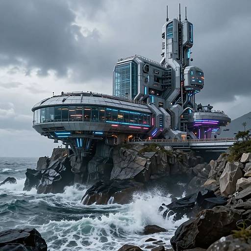 CGI image of futuristic, neon-lit, floating city on rocky coastline with turbulent waves, cloudy sky, and intricate, high-tech architecture.