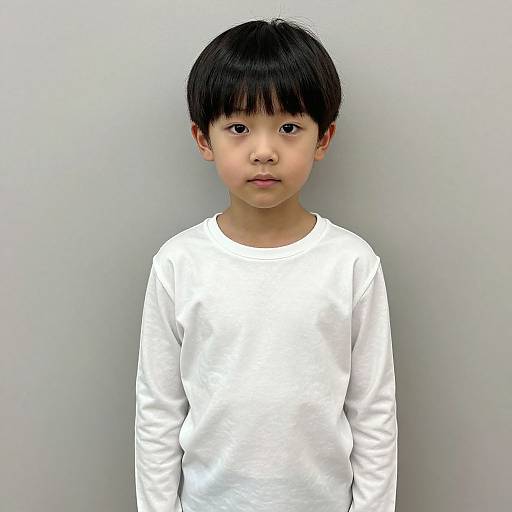 Photograph of an Asian young boy with straight black hair, wearing a plain white long-sleeve shirt, standing against a plain gray background.