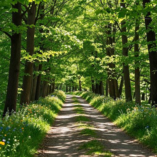 Photograph of a sunlit, forest path with tall, green-leaved trees on both sides, dappled sunlight, and vibrant wildflowers along