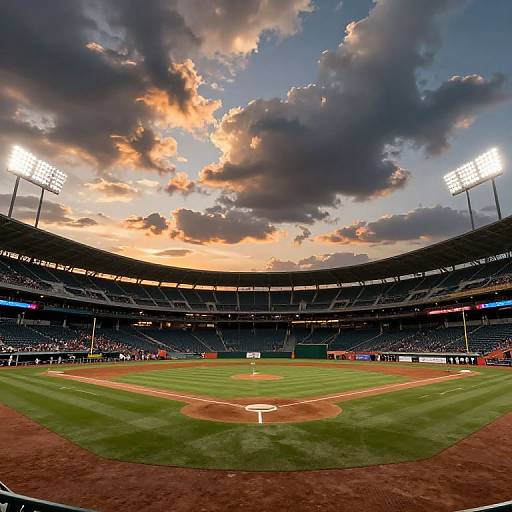 Photograph of a bustling baseball stadium at sunset, with dramatic clouds, bright floodlights, green field, and empty red dirt infield.