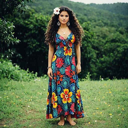 Woman in Colorful Floral Dress Outdoors