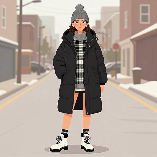 Digital illustration of a young woman in a black coat, gray beanie, plaid dress, and white boots standing on a snowy urban street.