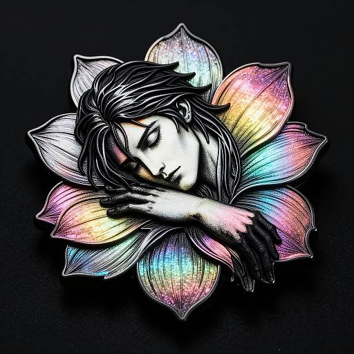 Digital artwork of a sleeping woman with closed eyes, black hair, and pale skin, nestled within a vibrant, multicolored lotus flower on a