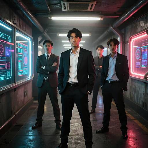 Neon-Noir Biotech Executives in Subway Tunnels