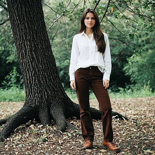 Young Woman Standing by Tree in Brown Pants and White Shirt