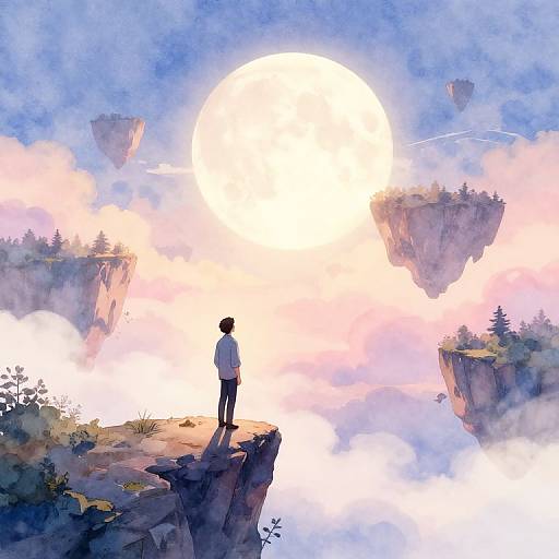 Digital painting of a lone figure in a white shirt, standing on a cliff, gazing at a bright, glowing sun over floating islands, surrounded by