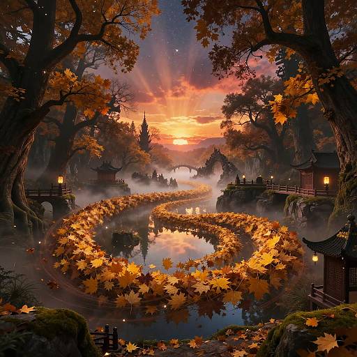 Golden Autumn Vortex in Enchanted Forest