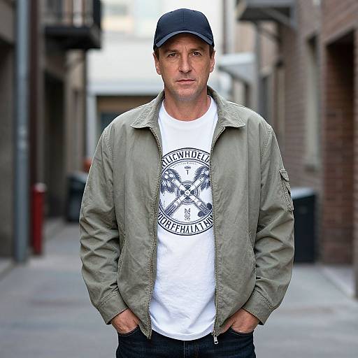 Photograph of a middle-aged man with a serious expression, wearing a black cap, green jacket, white 