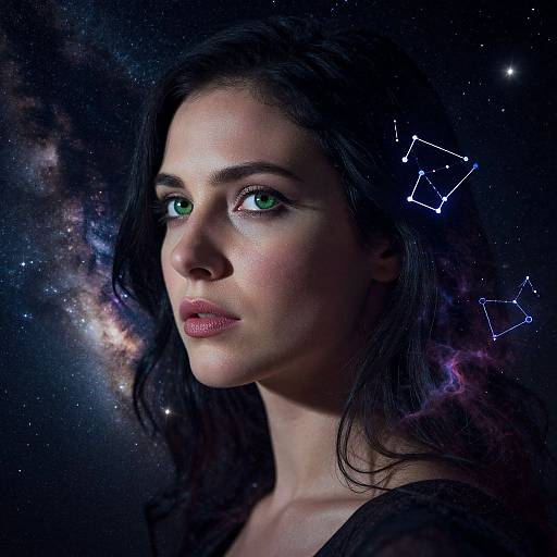 Photograph-style digital artwork of a woman with green eyes, dark hair, and pink lips, gazing upwards, against a starry, cosmic background