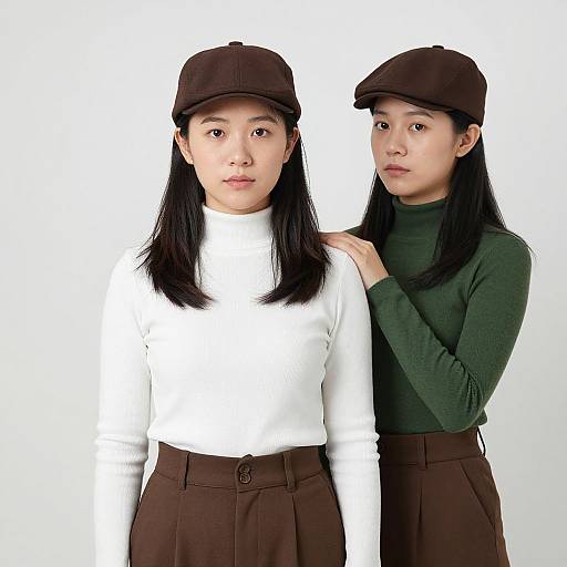 Photograph of two Asian women with long black hair, wearing brown flat caps, white and green turtlenecks, and brown skirts, standing against