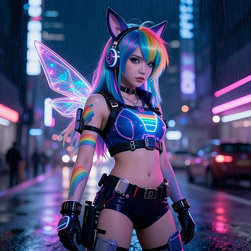 Neon-lit cyberpunk street scene photograph: Rainbow-haired woman with cat ears, glowing wings, neon crop top, black leather shorts, and gloves