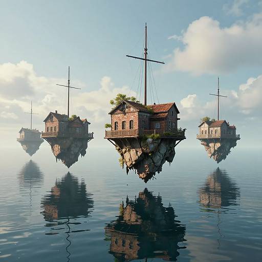 Digital artwork: Three floating, wooden houses with masts on rocky islands, reflecting in calm, blue water under a cloudy sky.