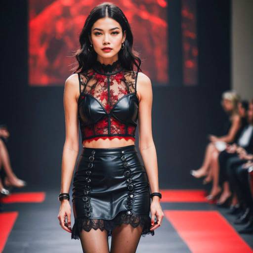 Fashion Model in Black Leather Mini Skirt and Red Lace Bralette