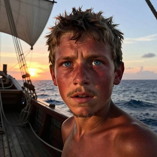 Close-up photograph of a shirtless, muscular, rugged man with tousled blonde hair, blue eyes, and a slight beard, standing on a wooden