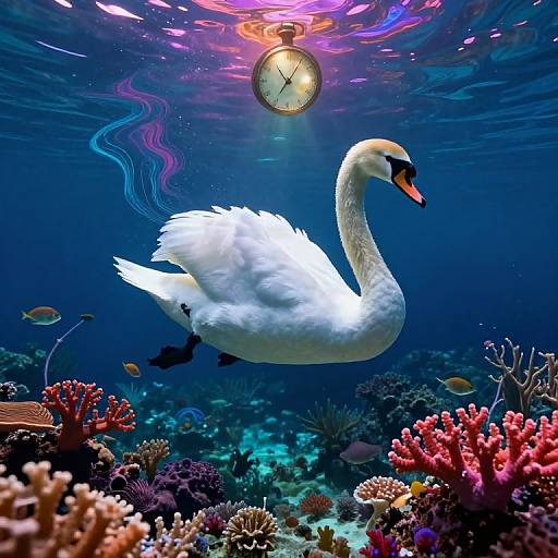 Photograph of a white swan with a black beak and orange bill underwater, surrounded by colorful coral reefs and fish, with a floating clock above
