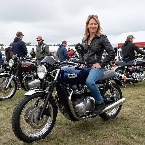Confident Woman on Classic Triumph Motorcycle