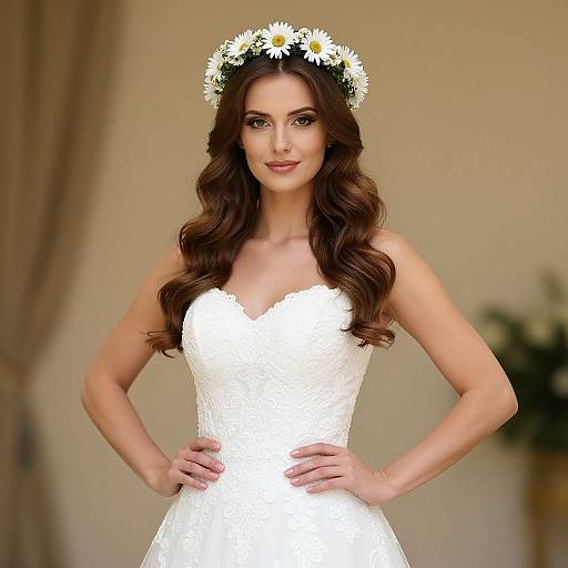 Photograph of a beautiful brunette woman with long, wavy hair, wearing a white lace wedding dress and a daisy flower crown, standing with hands