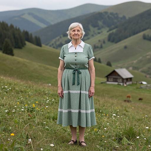 Photograph of an elderly white woman with short gray hair, wearing a green polka dot dress with white lace, standing in a lush, mountainous