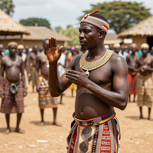 Photograph of a muscular, dark-skinned African man with traditional beaded headband, necklace, and patterned kilt, raising his right hand