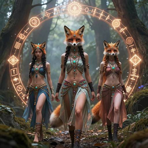 Digital artwork of three anthropomorphic fox women in tribal attire, adorned with jewelry and green gemstones, walking in a mystical forest with a glowing, rune