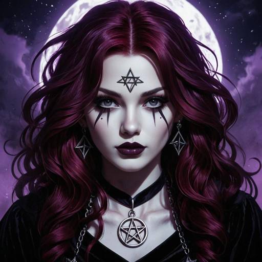 Dark Sorceress with Burgundy Hair and Pentagram Necklace
