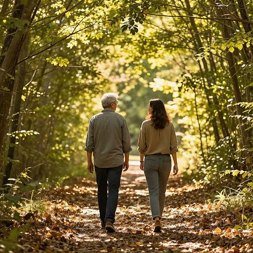 Photograph of an elderly man and a young woman walking hand-in-hand down a sunlit, leaf-covered forest path, surrounded by tall trees.