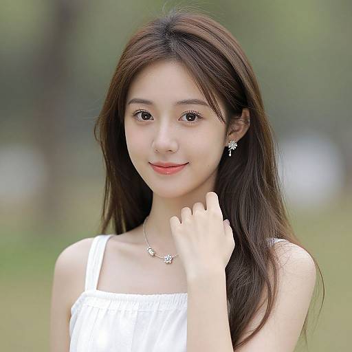 Photograph of a young Asian woman with long brown hair, fair skin, wearing a white sleeveless top, necklace, and earrings, smiling softly,