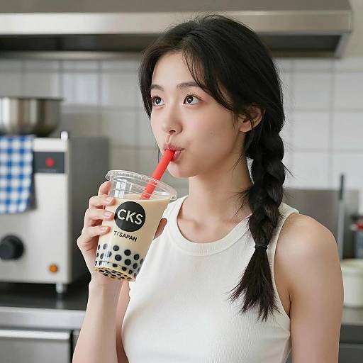Asian Woman Enjoying Bubble Tea Moment