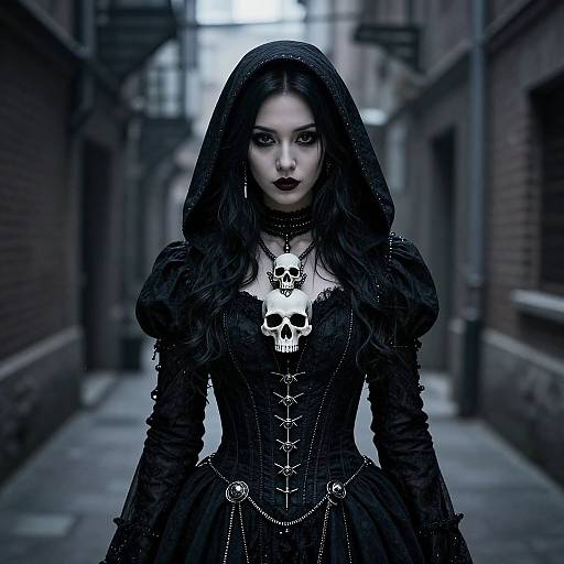 Gothic woman with black veil, dark lipstick, and skull necklace stands in a narrow, dimly lit urban alley. Photograph.