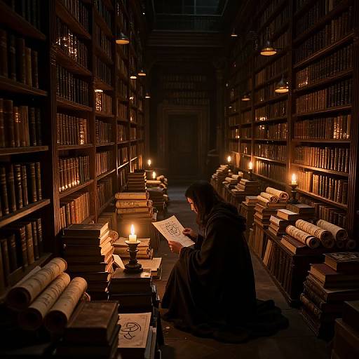 Photograph of a dimly lit library with warm candlelight, showcasing a solitary figure with dark hair, sitting at a desk, writing, surrounded by