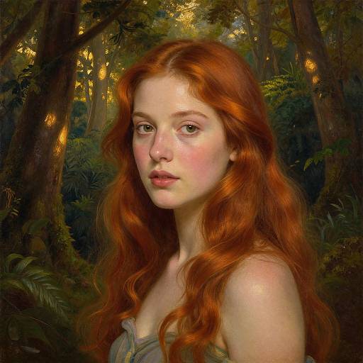 Digital painting of a fair-skinned, red-haired woman with wavy hair, freckles, and green eyes, standing in a dense, sun