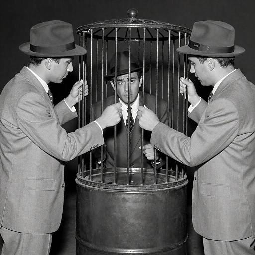 Vintage Black-and-White Photo of Man Locked in Cage