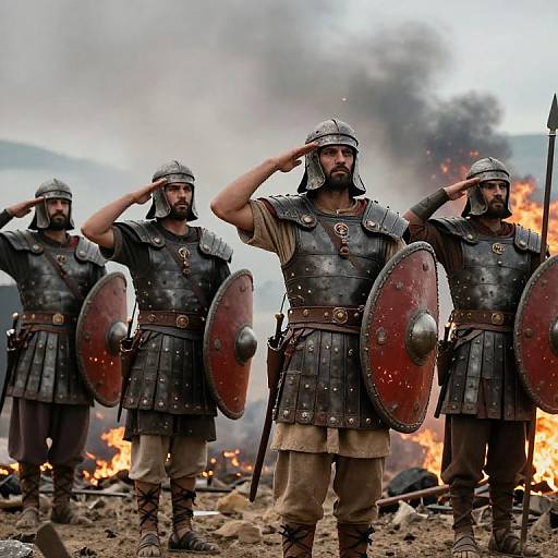 Photograph of three ancient Roman soldiers in metal armor, helmets, and beige tunics, saluting with shields in front of a burning battlefield.