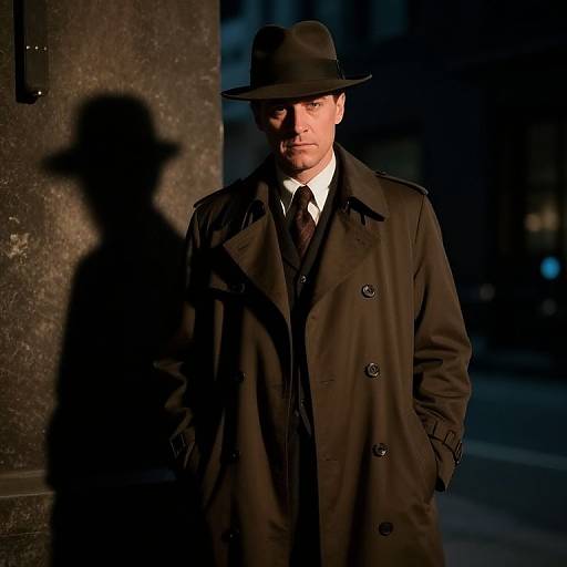 Photograph of a serious man in a black trench coat and hat, casting a shadow, standing against a dark, urban night background.