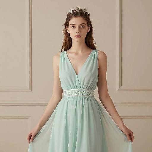 Woman in Light Green Elegant Dress with Crown
