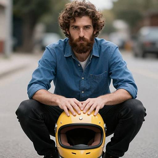 Serious Bearded Man with Motorcycle Helmet