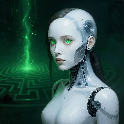 Digital CGI of a pale-skinned, green-eyed, cybernetic woman with black hair, exposed mechanical neck, and chest, against a dark,