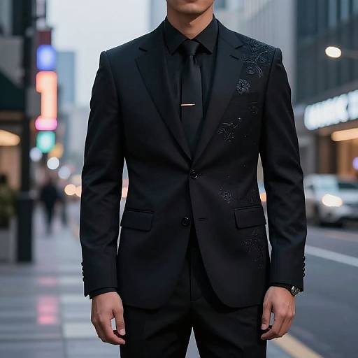 Photograph of a man in a black, textured suit with floral embroidery, black tie, standing on a city street at night. Blurred neon lights