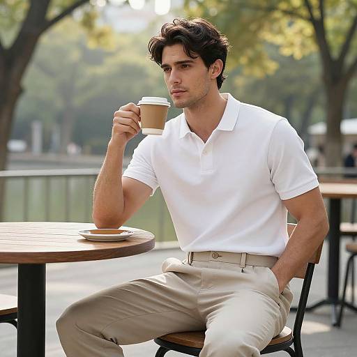 Photograph of a handsome young man with dark, wavy hair, wearing a white polo shirt and beige pants, sitting at an outdoor table, holding