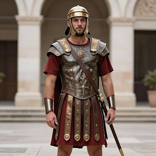 Photorealistic CGI of a muscular man in ancient Roman armor, with a bronze helmet, leather chest plate, and red skirt, standing in a stone